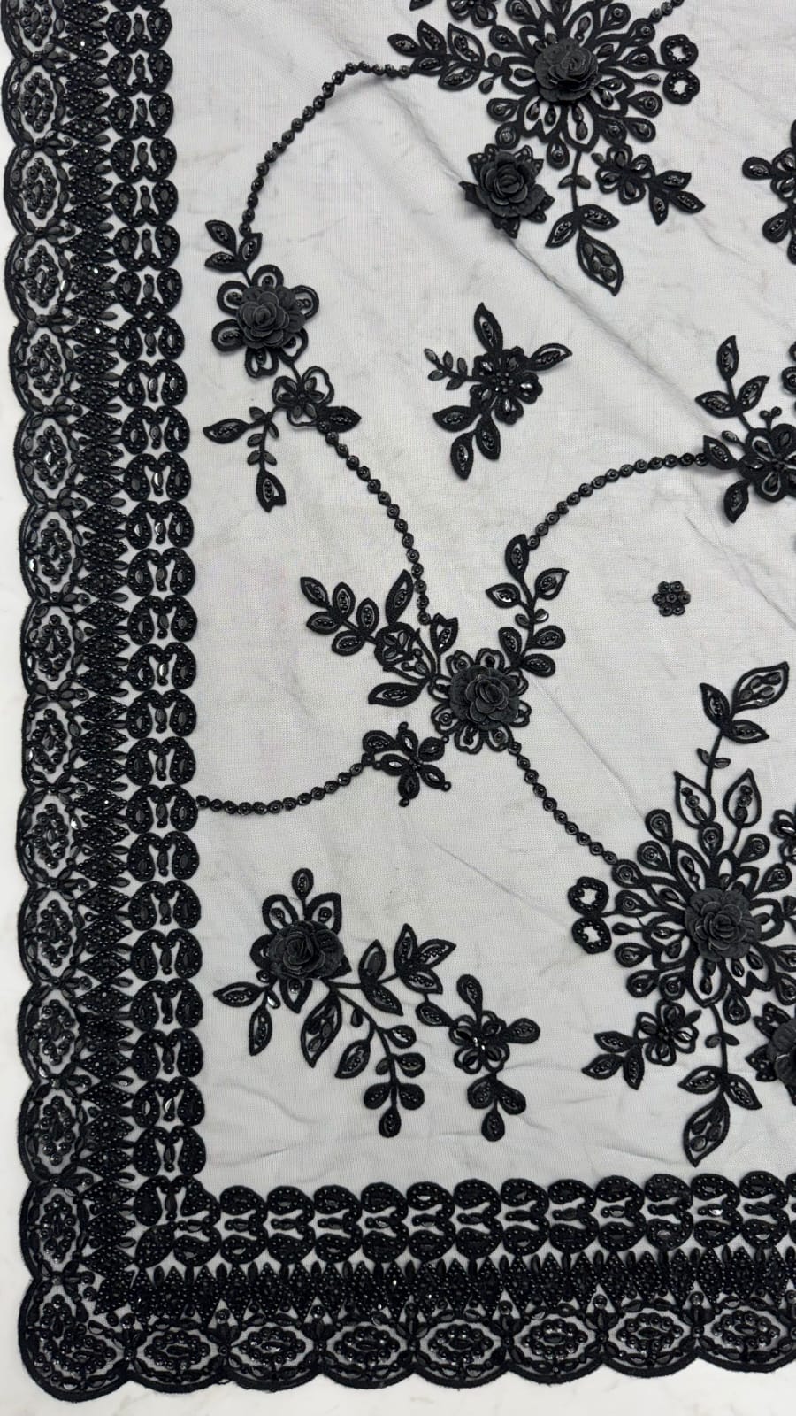 Black Pure Premium Net Handwork Flower sequins Long Pan Patti Sequins Beads Work Wedding Saree