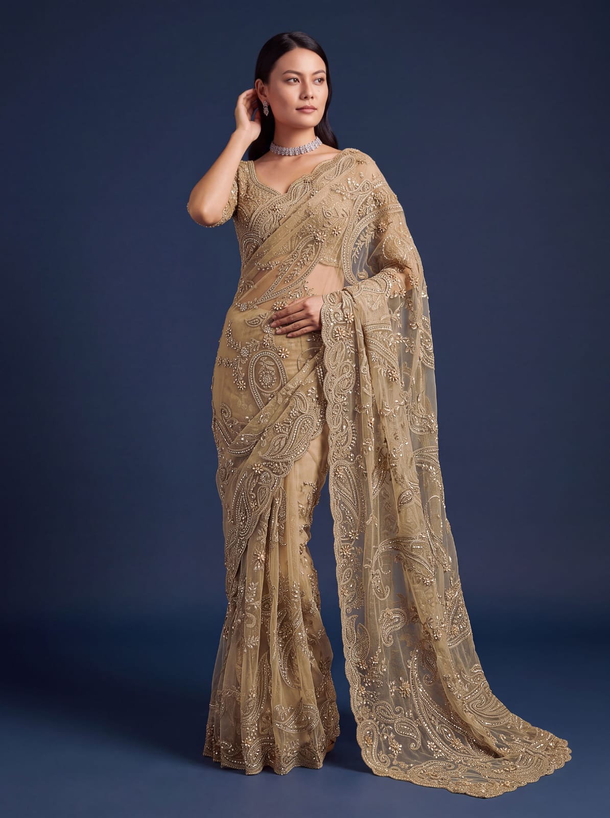 Golden Pure Premium Net Handwork Flower sequins Long Pan Patti Sequins Beads Work Wedding Saree