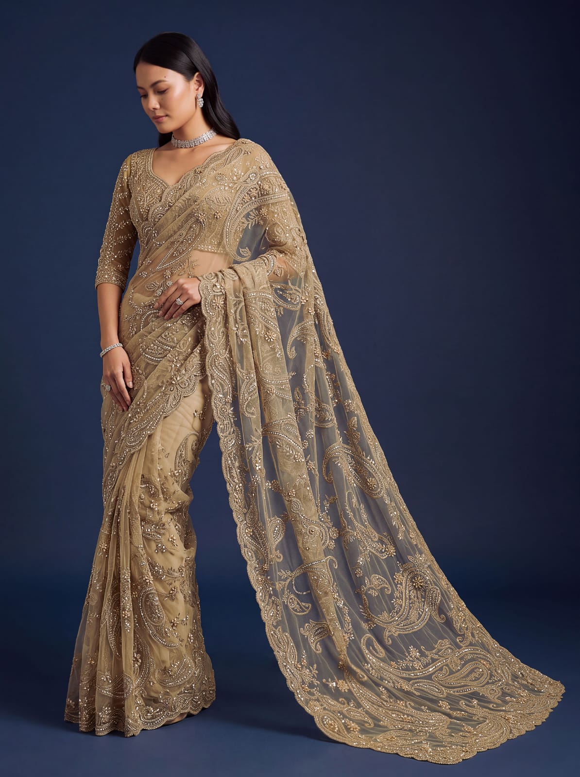 Golden Pure Premium Net Handwork Flower sequins Long Pan Patti Sequins Beads Work Wedding Saree