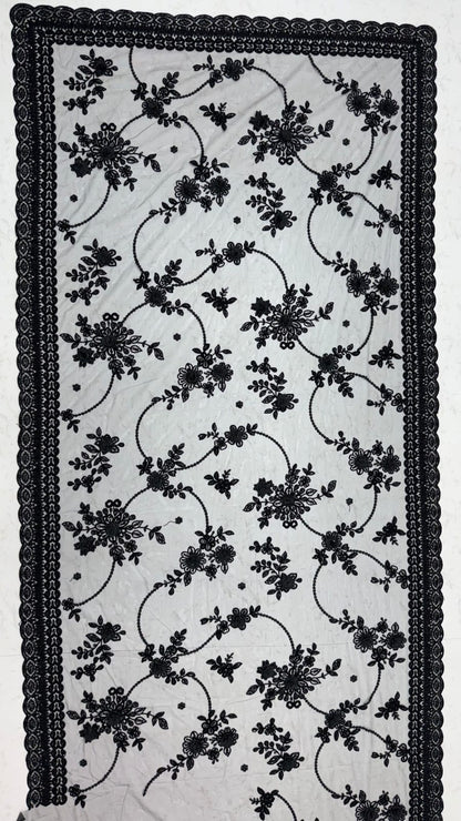 Black Pure Premium Net Handwork Flower sequins Long Pan Patti Sequins Beads Work Wedding Saree