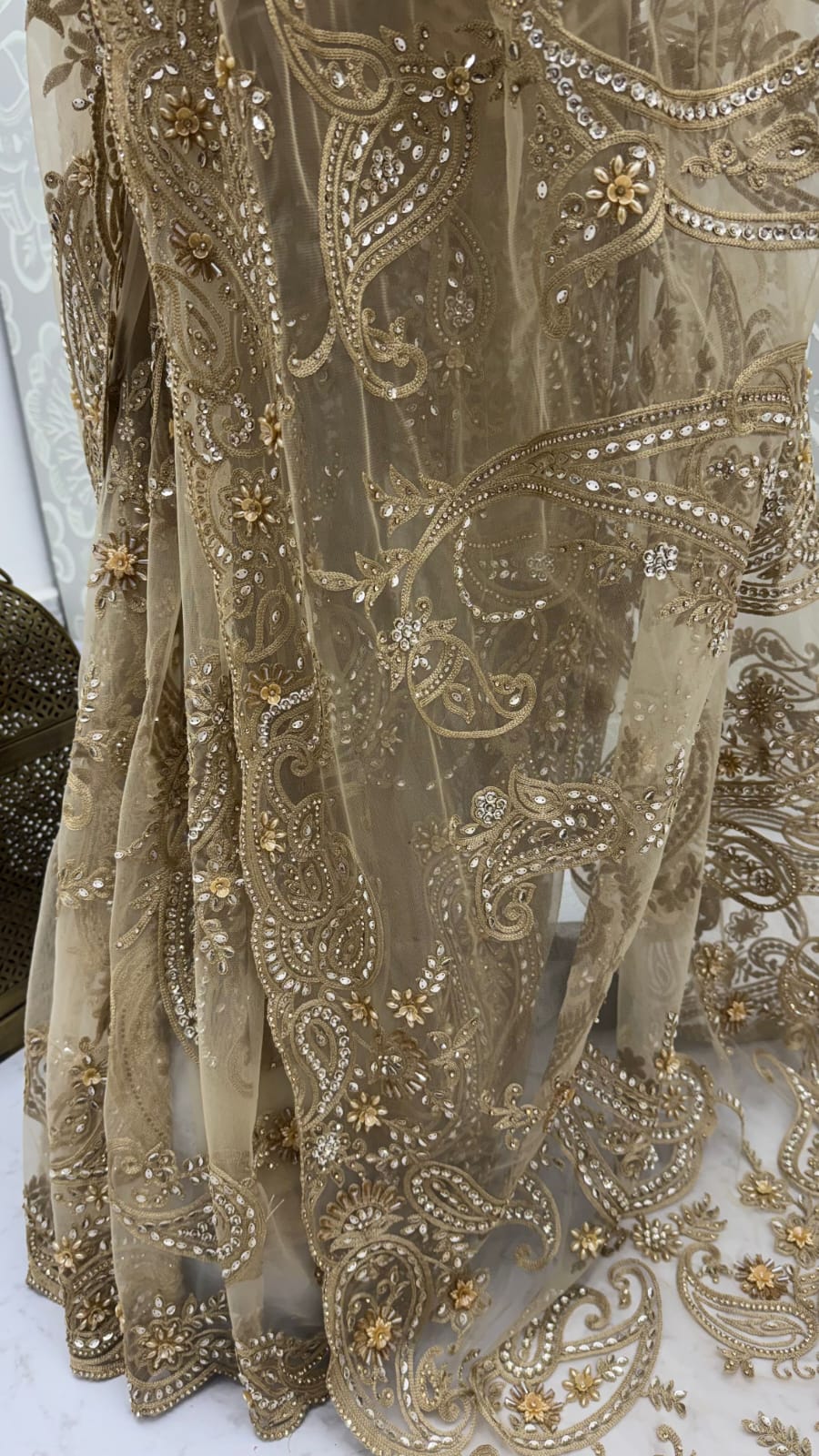 Golden Pure Premium Net Handwork Flower sequins Long Pan Patti Sequins Beads Work Wedding Saree
