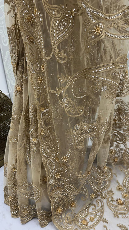 Golden Pure Premium Net Handwork Flower sequins Long Pan Patti Sequins Beads Work Wedding Saree