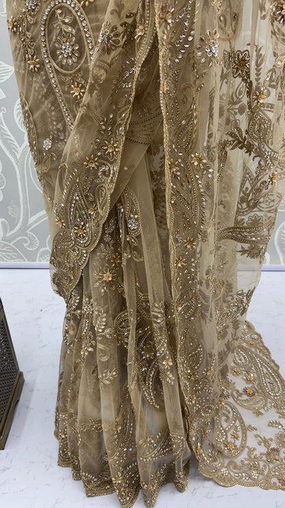 Golden Pure Premium Net Handwork Flower sequins Long Pan Patti Sequins Beads Work Wedding Saree