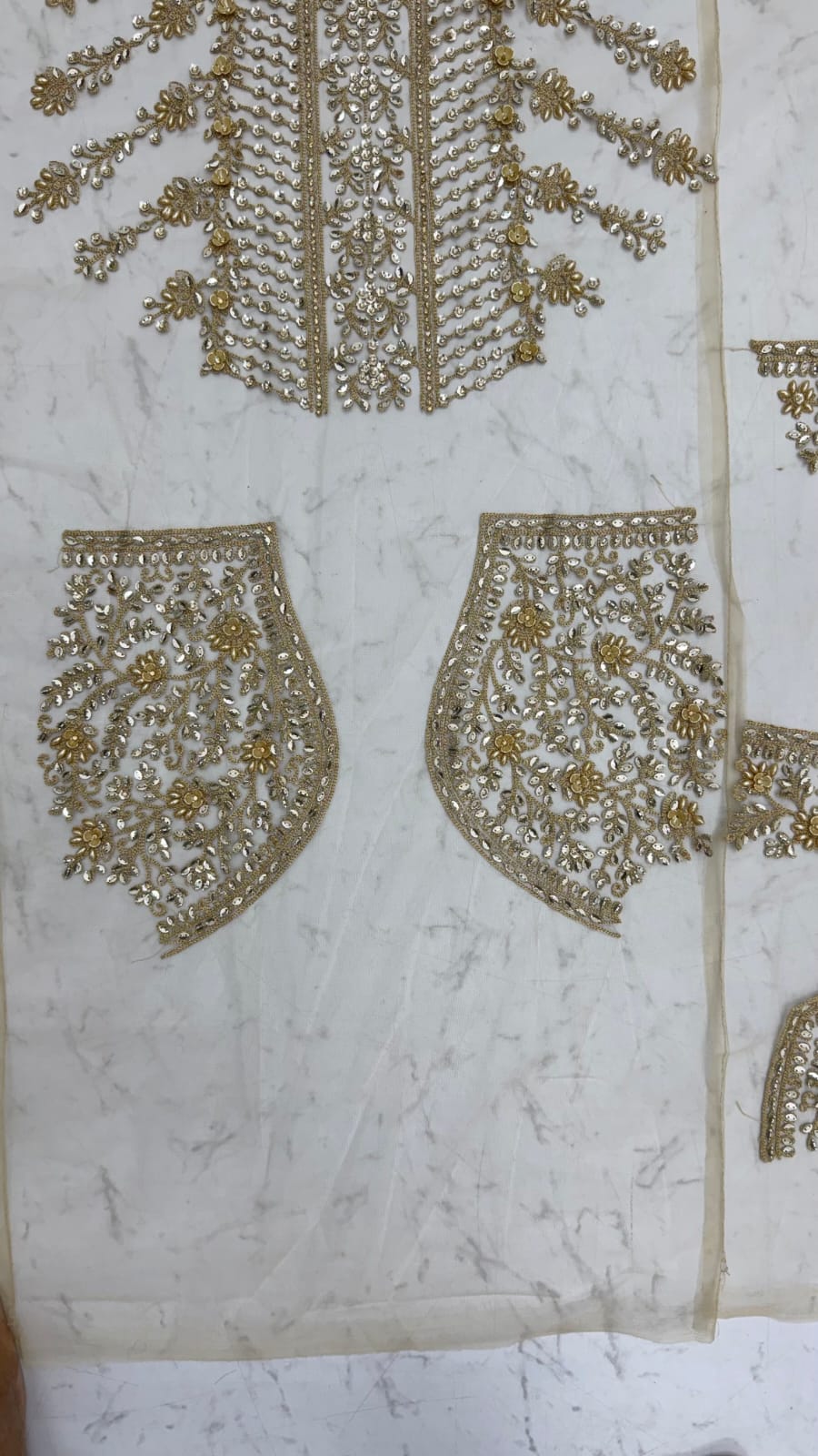 Golden Pure Premium Net Handwork Flower sequins Long Pan Patti Sequins Beads Work Wedding Saree