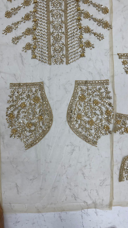 Golden Pure Premium Net Handwork Flower sequins Long Pan Patti Sequins Beads Work Wedding Saree