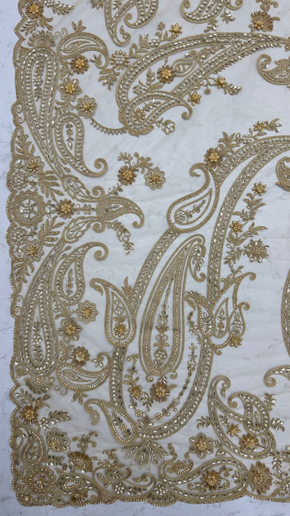 Golden Pure Premium Net Handwork Flower sequins Long Pan Patti Sequins Beads Work Wedding Saree
