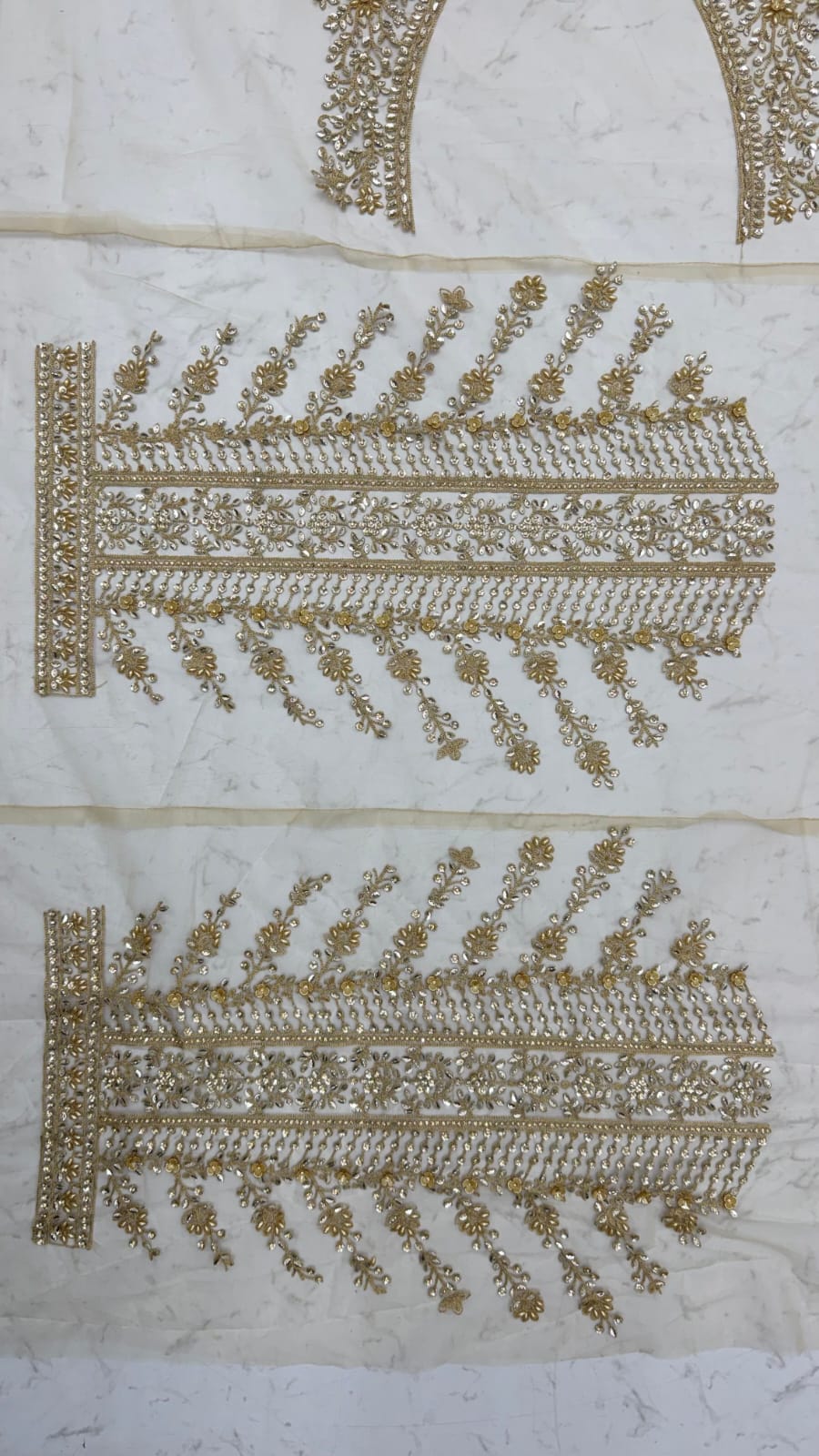 Golden Pure Premium Net Handwork Flower sequins Long Pan Patti Sequins Beads Work Wedding Saree