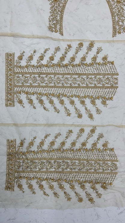 Golden Pure Premium Net Handwork Flower sequins Long Pan Patti Sequins Beads Work Wedding Saree