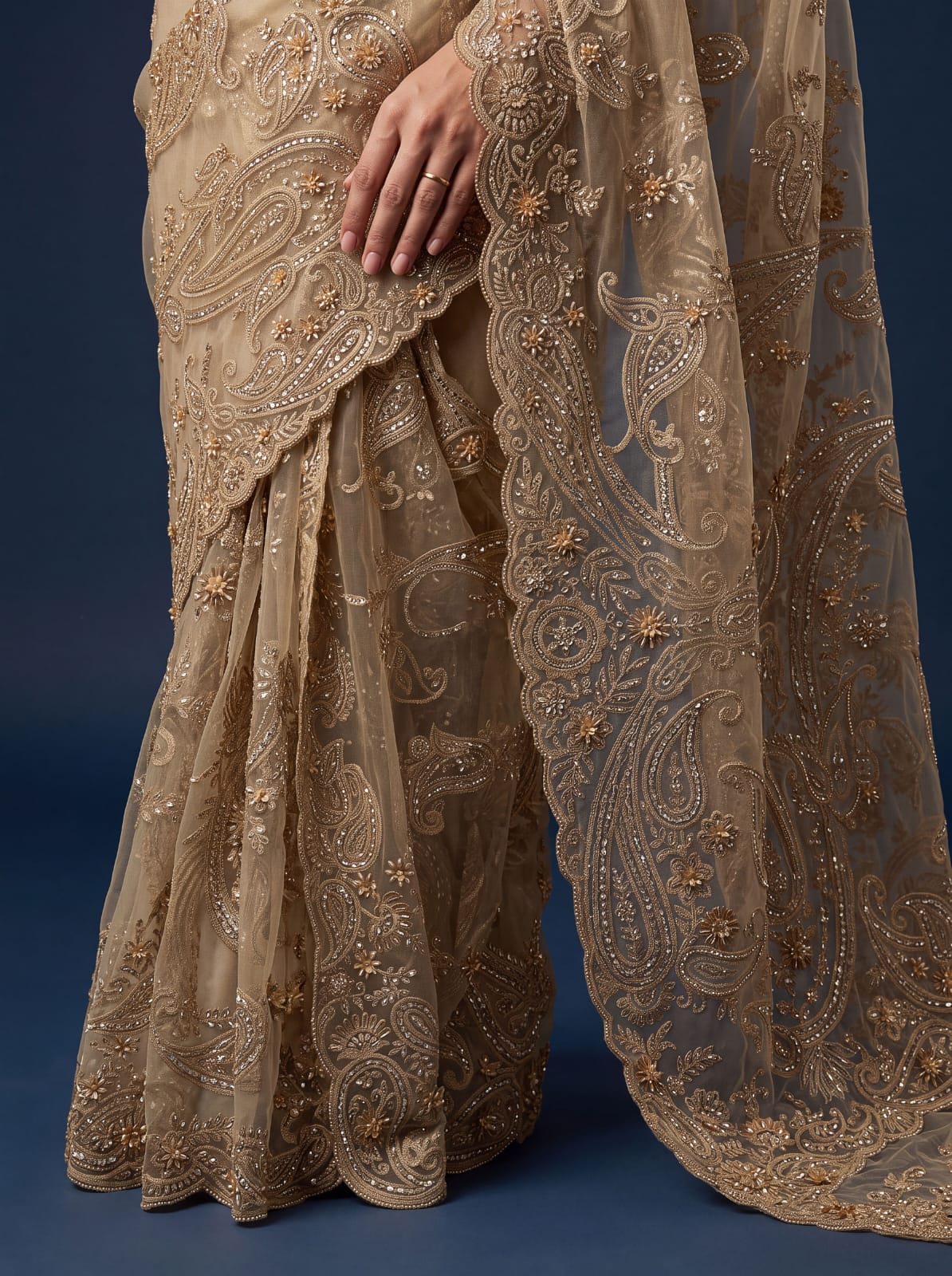 Golden Pure Premium Net Handwork Flower sequins Long Pan Patti Sequins Beads Work Wedding Saree