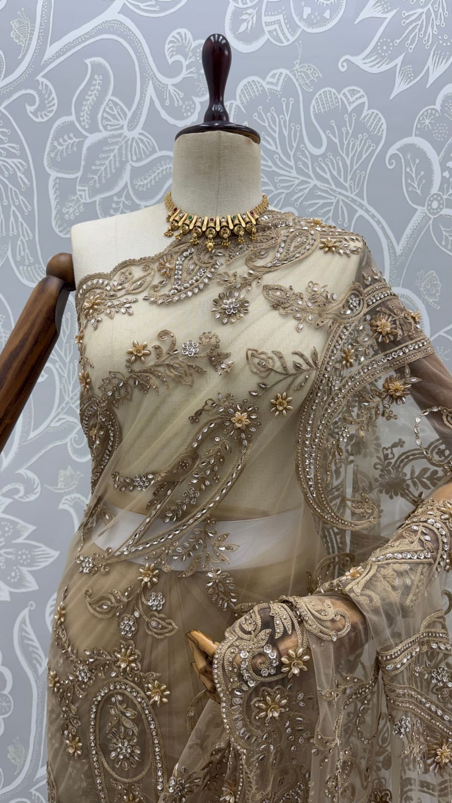 Golden Pure Premium Net Handwork Flower sequins Long Pan Patti Sequins Beads Work Wedding Saree