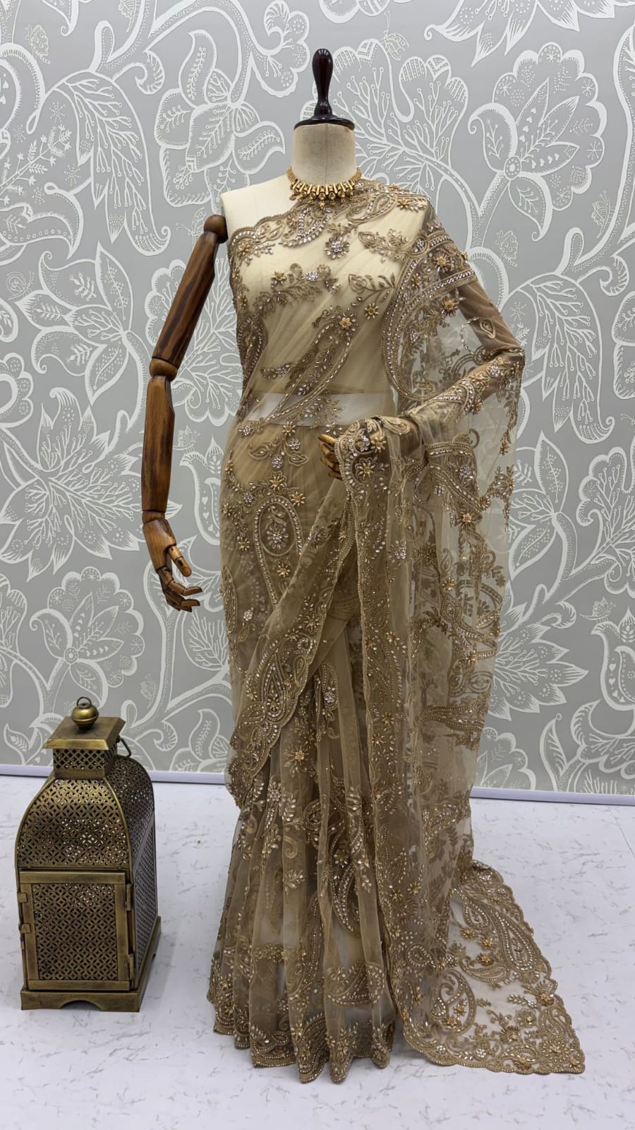 Golden Pure Premium Net Handwork Flower sequins Long Pan Patti Sequins Beads Work Wedding Saree
