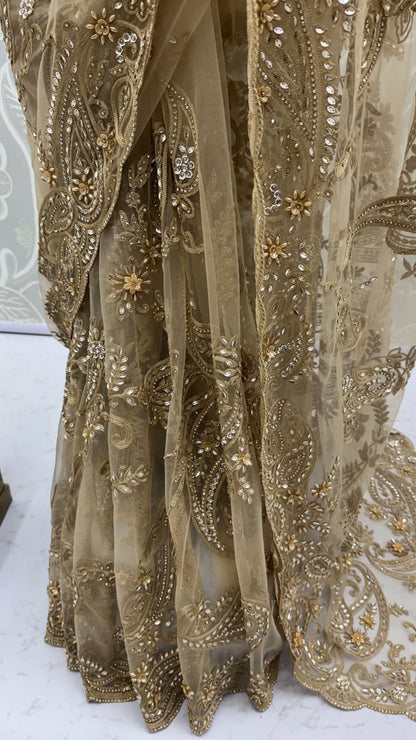 Golden Pure Premium Net Handwork Flower sequins Long Pan Patti Sequins Beads Work Wedding Saree