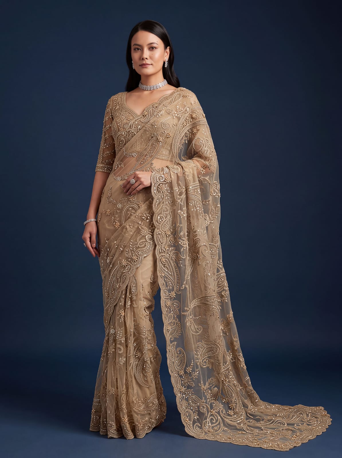 Golden Pure Premium Net Handwork Flower sequins Long Pan Patti Sequins Beads Work Wedding Saree