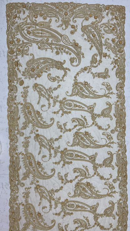 Golden Pure Premium Net Handwork Flower sequins Long Pan Patti Sequins Beads Work Wedding Saree