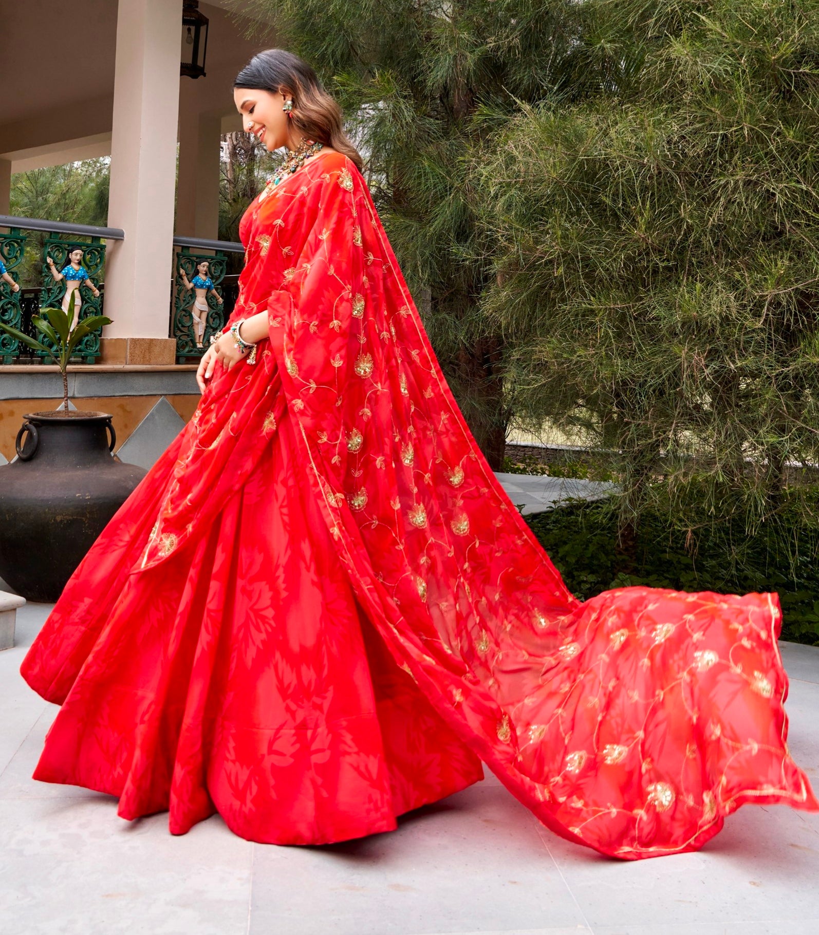 Red Pure Silk Heavy Thread Embroidery Sequins Work Navratri Lehenga Choli