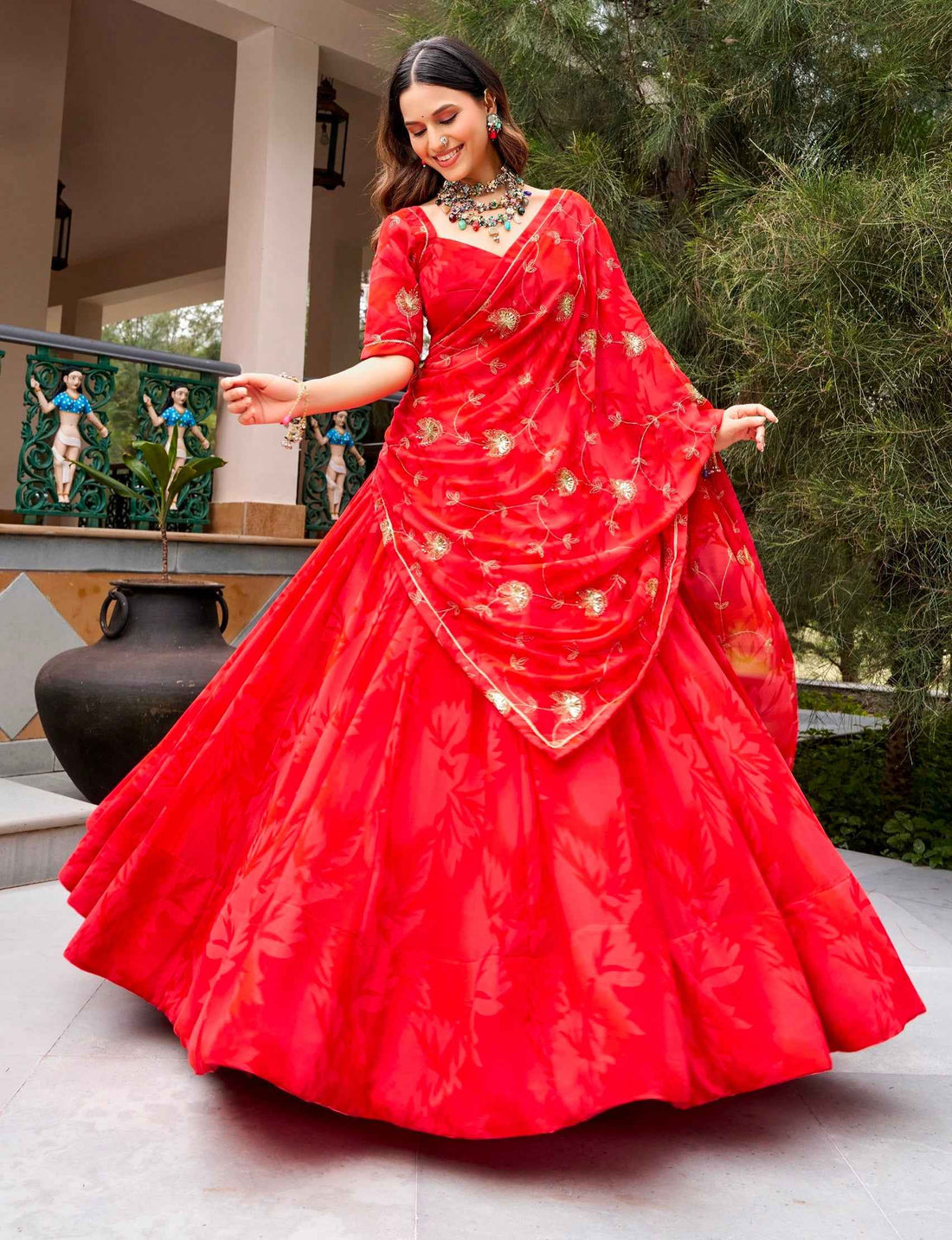 Red Pure Silk Heavy Thread Embroidery Sequins Work Navratri Lehenga Choli