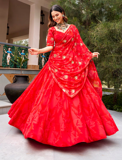 Red Pure Silk Heavy Thread Embroidery Sequins Work Navratri Lehenga Choli