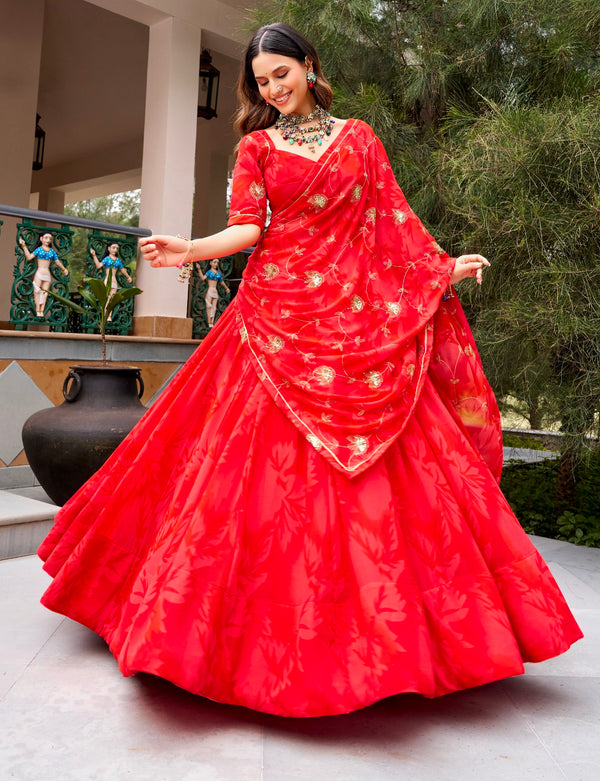 Red Pure Silk Heavy Thread Embroidery Sequins Work Navratri Lehenga Choli