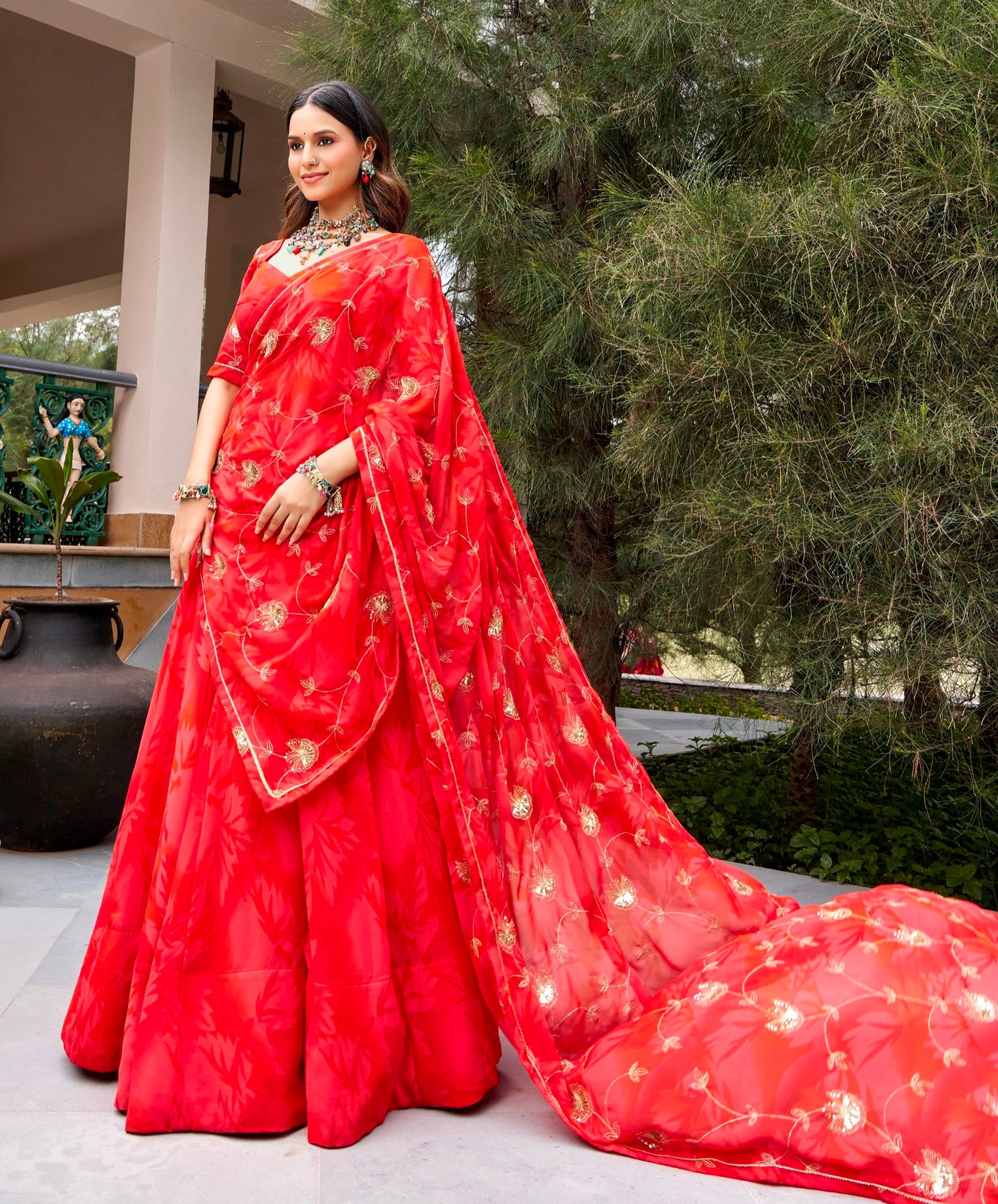 Red Pure Silk Heavy Thread Embroidery Sequins Work Navratri Lehenga Choli