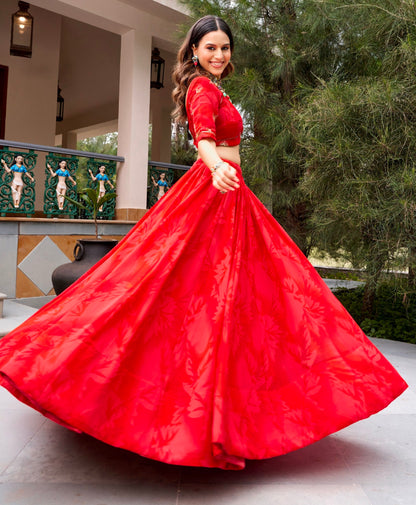 Red Pure Silk Heavy Thread Embroidery Sequins Work Navratri Lehenga Choli