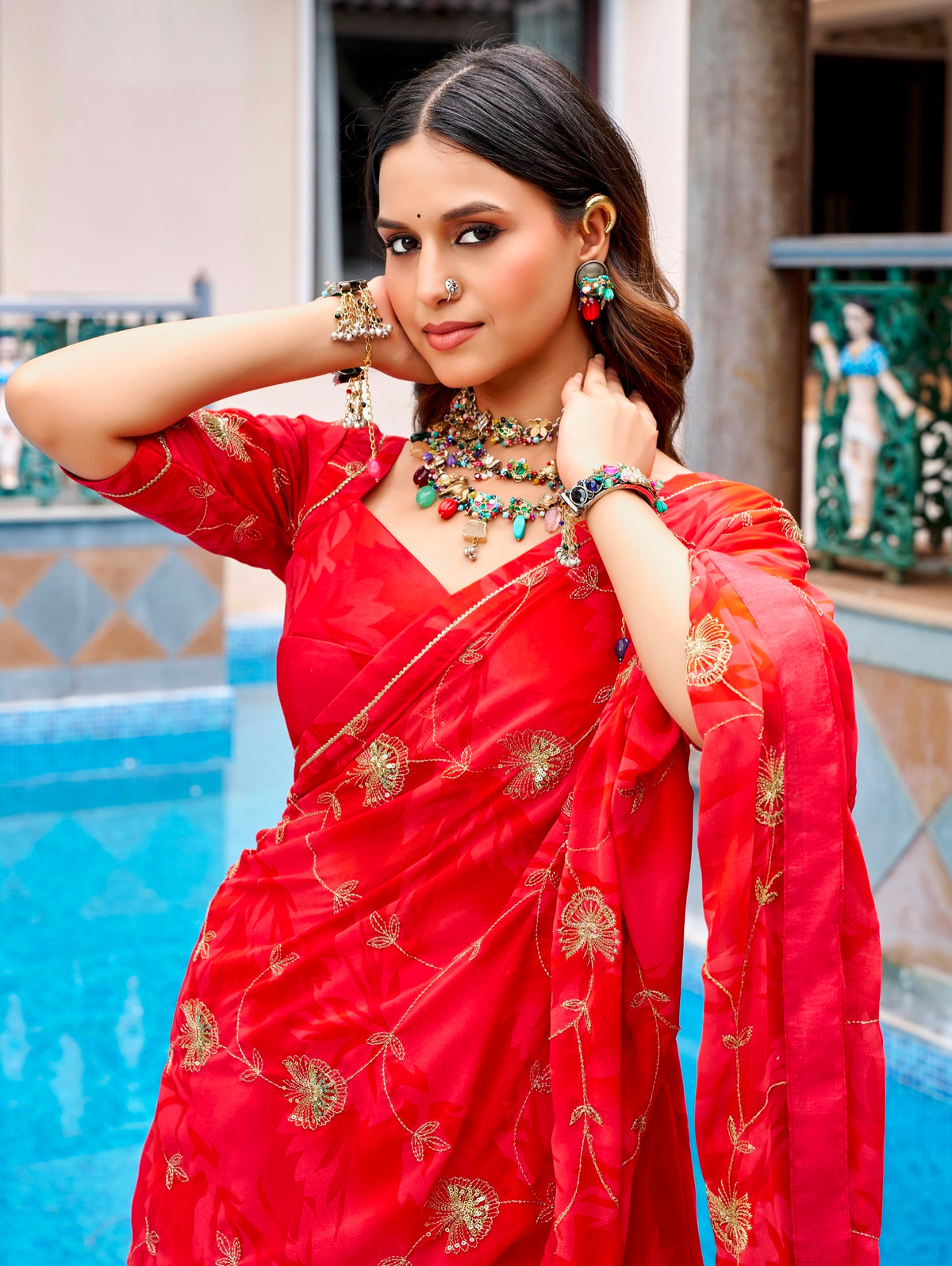 Red Pure Silk Heavy Thread Embroidery Sequins Work Navratri Lehenga Choli