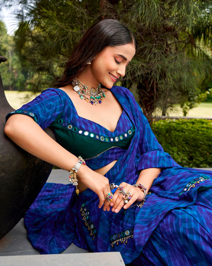 Blue Pure Silk Heavy Thread Embroidery Sequins Work Navratri Lehenga Choli
