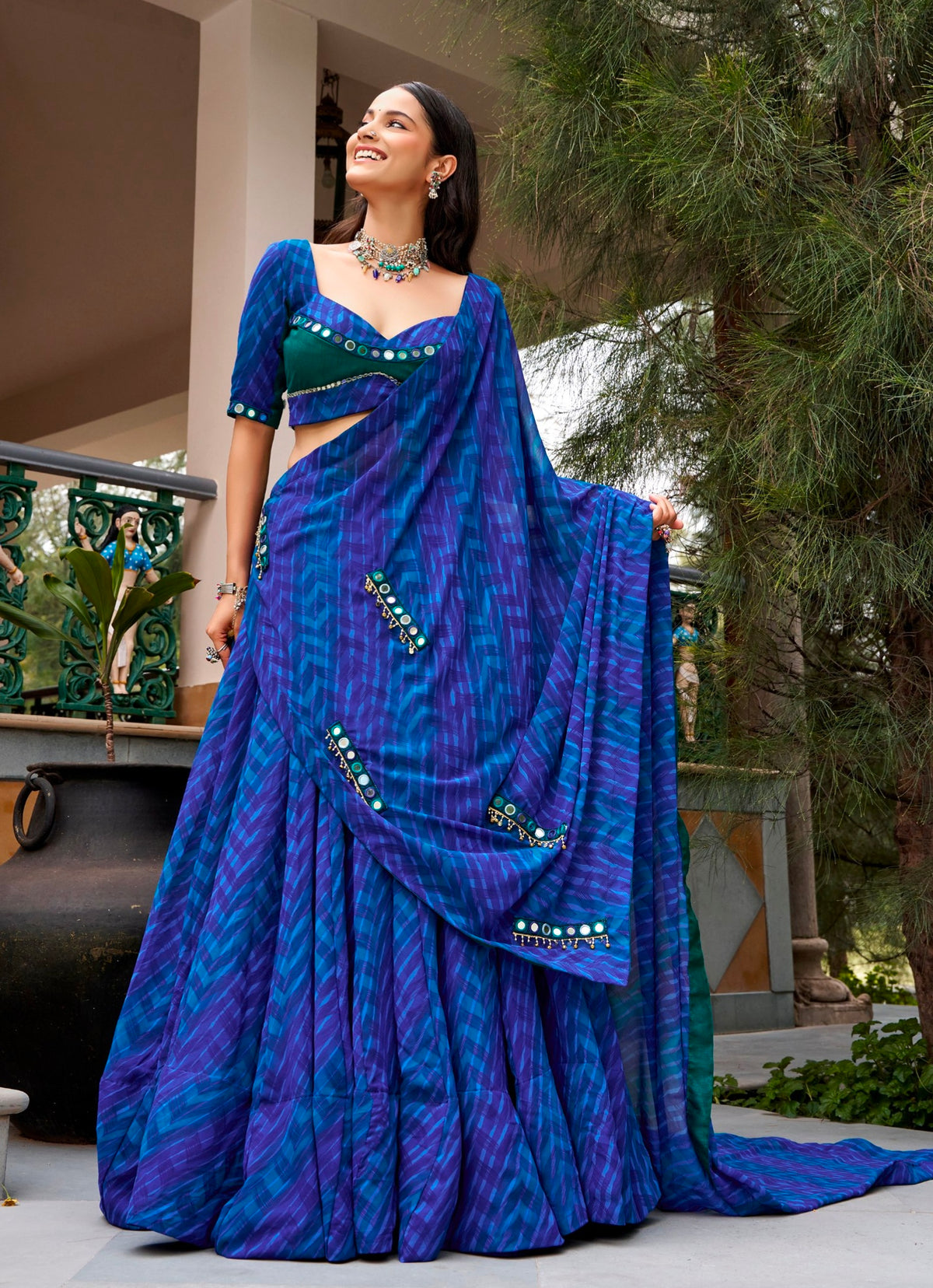 Blue Pure Silk Heavy Thread Embroidery Sequins Work Navratri Lehenga Choli