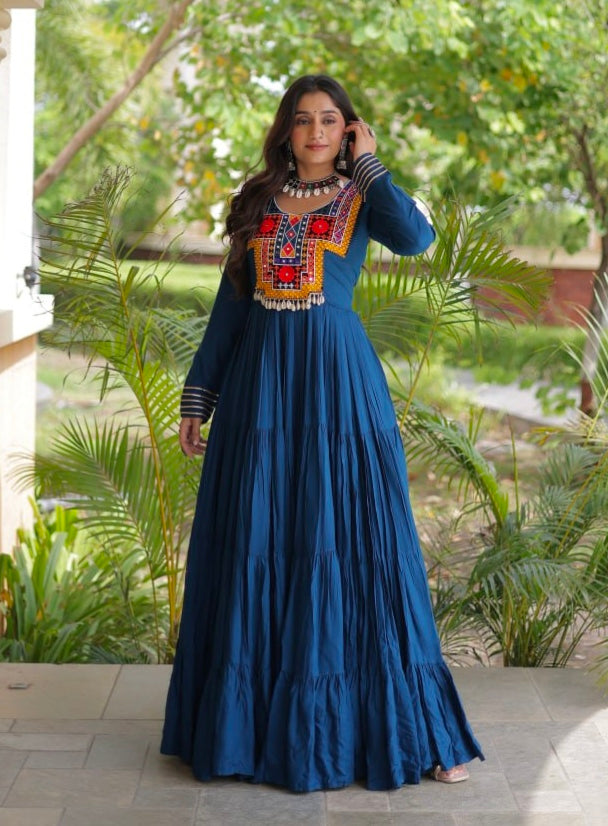 Blue Pure Reyon Kutchi Gamthi Thread Embroidered &amp; Mirror Work Anarkali Long Gown