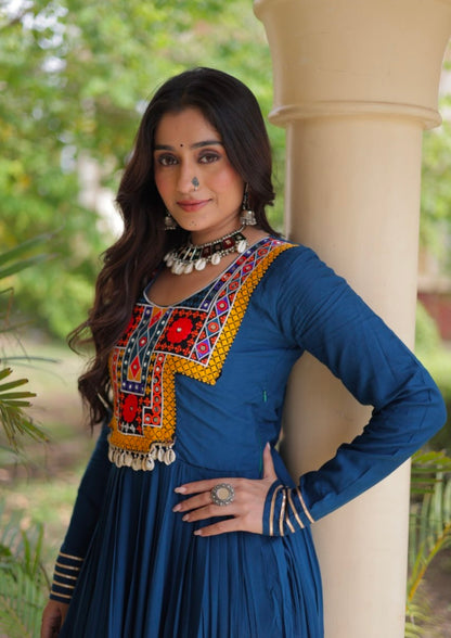 Blue Pure Reyon Kutchi Gamthi Thread Embroidered &amp; Mirror Work Anarkali Long Gown