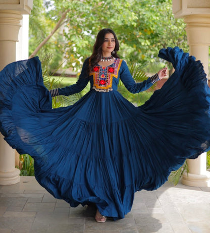 Blue Pure Reyon Kutchi Gamthi Thread Embroidered &amp; Mirror Work Anarkali Long Gown