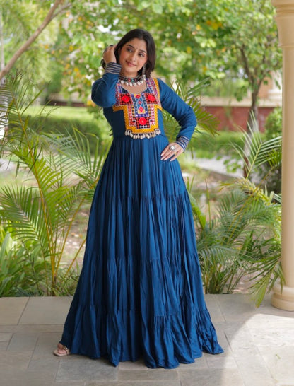 Blue Pure Reyon Kutchi Gamthi Thread Embroidered &amp; Mirror Work Anarkali Long Gown