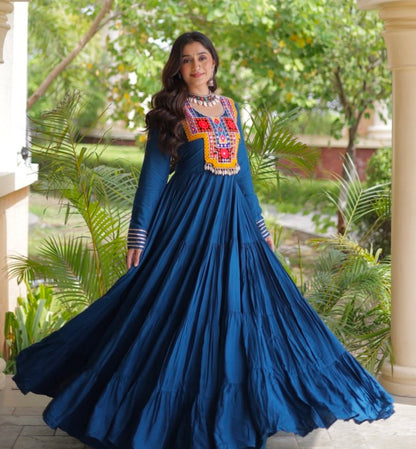Blue Pure Reyon Kutchi Gamthi Thread Embroidered &amp; Mirror Work Anarkali Long Gown