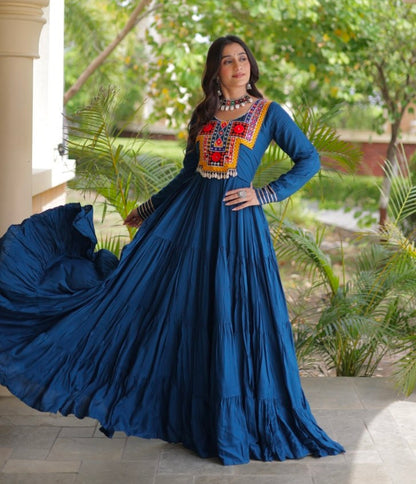 Blue Pure Reyon Kutchi Gamthi Thread Embroidered &amp; Mirror Work Anarkali Long Gown