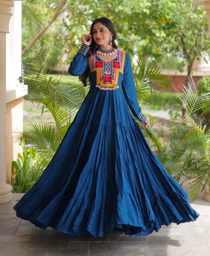 Blue Pure Reyon Kutchi Gamthi Thread Embroidered &amp; Mirror Work Anarkali Long Gown