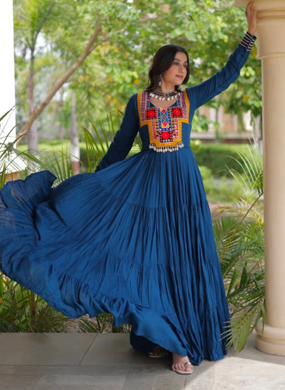 Blue Pure Reyon Kutchi Gamthi Thread Embroidered &amp; Mirror Work Anarkali Long Gown