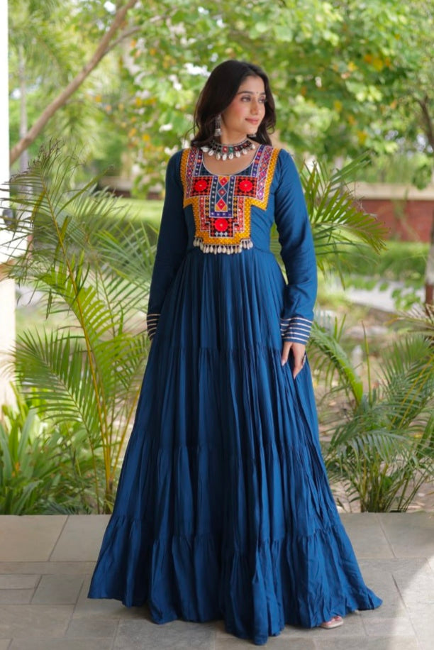 Blue Pure Reyon Kutchi Gamthi Thread Embroidered &amp; Mirror Work Anarkali Long Gown
