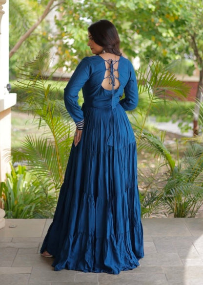 Blue Pure Reyon Kutchi Gamthi Thread Embroidered &amp; Mirror Work Anarkali Long Gown