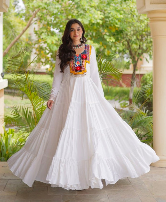 White Pure Reyon Kutchi Gamthi Thread Embroidered &amp; Mirror Work Anarkali Long Gown