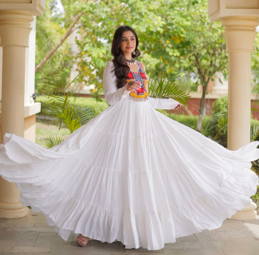 White Pure Reyon Kutchi Gamthi Thread Embroidered &amp; Mirror Work Anarkali Long Gown