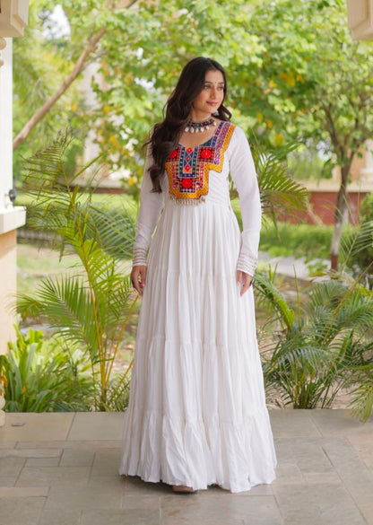 White Pure Reyon Kutchi Gamthi Thread Embroidered &amp; Mirror Work Anarkali Long Gown