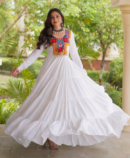White Pure Reyon Kutchi Gamthi Thread Embroidered &amp; Mirror Work Anarkali Long Gown