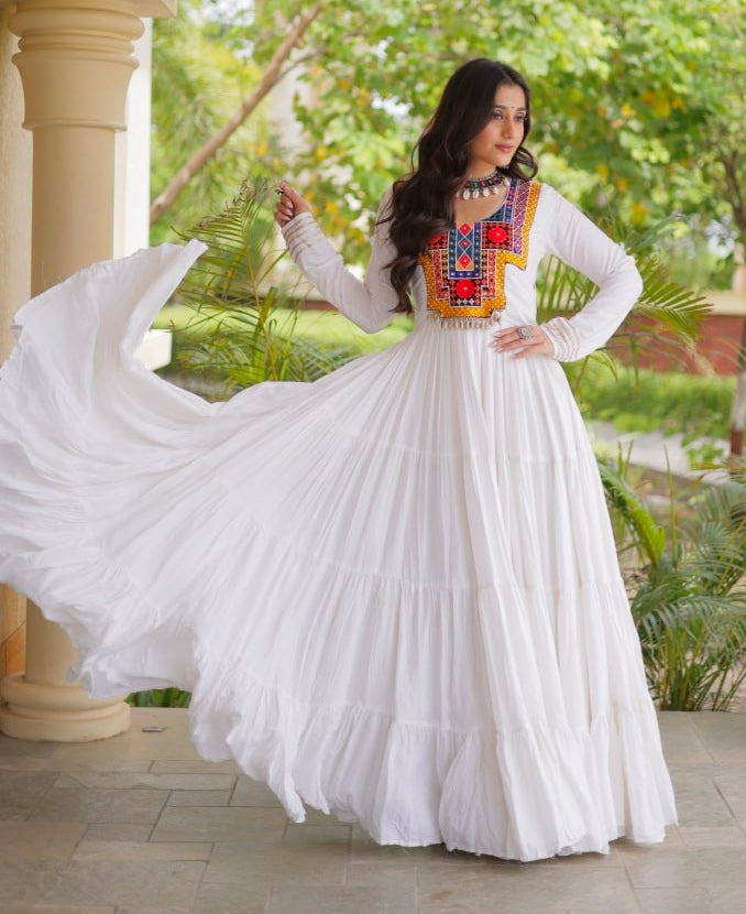 White Pure Reyon Kutchi Gamthi Thread Embroidered &amp; Mirror Work Anarkali Long Gown