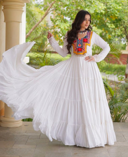 White Pure Reyon Kutchi Gamthi Thread Embroidered &amp; Mirror Work Anarkali Long Gown