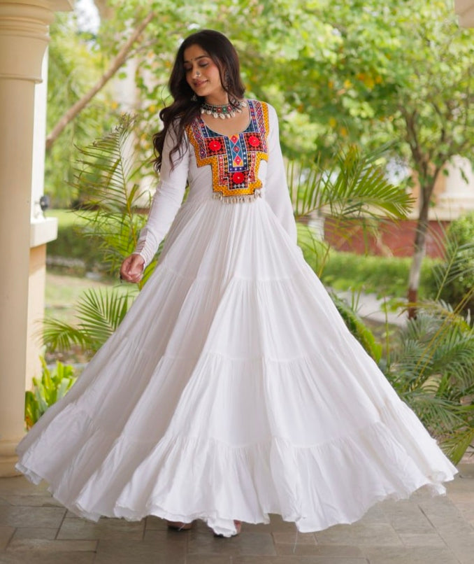 White Pure Reyon Kutchi Gamthi Thread Embroidered &amp; Mirror Work Anarkali Long Gown