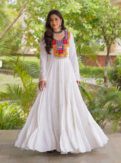 White Pure Reyon Kutchi Gamthi Thread Embroidered &amp; Mirror Work Anarkali Long Gown