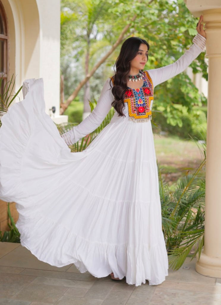 White Pure Reyon Kutchi Gamthi Thread Embroidered &amp; Mirror Work Anarkali Long Gown