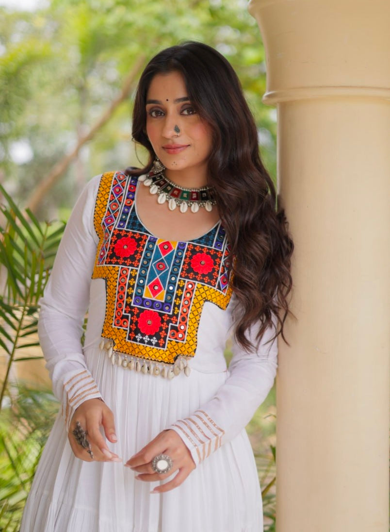 White Pure Reyon Kutchi Gamthi Thread Embroidered &amp; Mirror Work Anarkali Long Gown