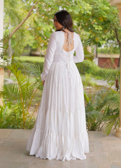 White Pure Reyon Kutchi Gamthi Thread Embroidered &amp; Mirror Work Anarkali Long Gown
