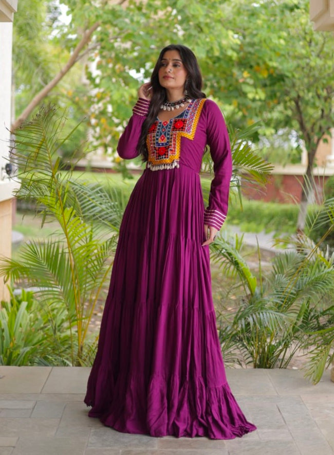 Purple Pure Reyon Kutchi Gamthi Thread Embroidered &amp; Mirror Work Anarkali Long Gown
