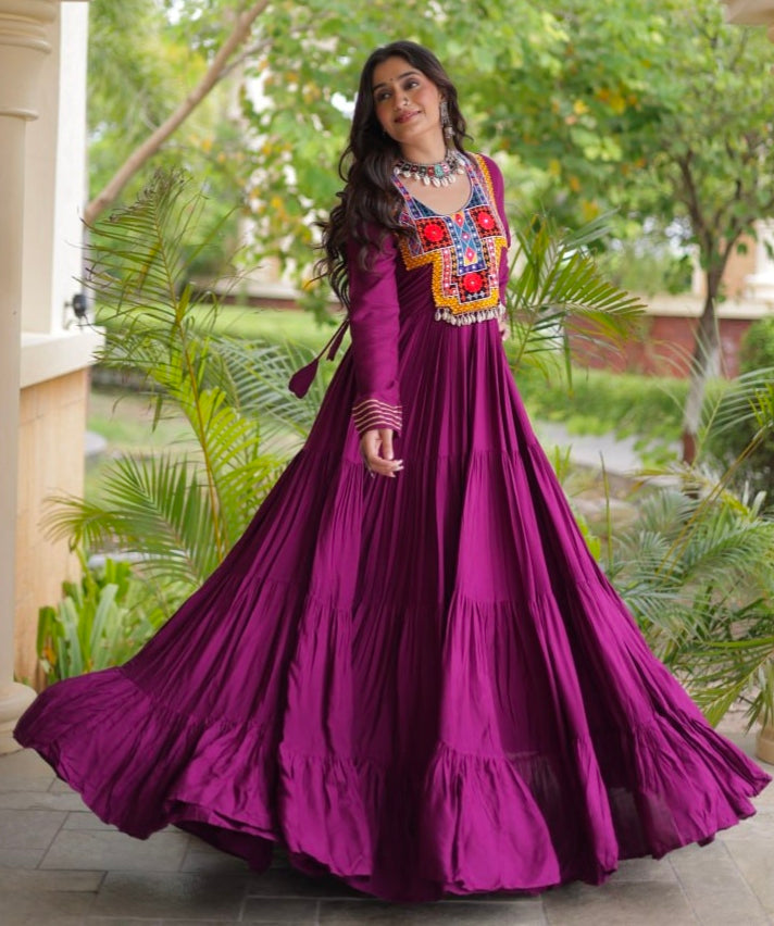 Purple Pure Reyon Kutchi Gamthi Thread Embroidered &amp; Mirror Work Anarkali Long Gown